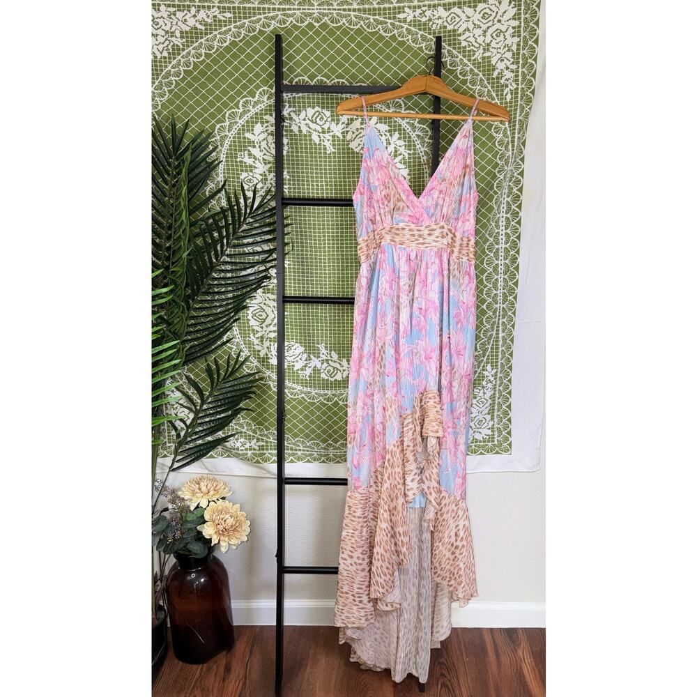 Venus Resort‎ Leopard Floral Mixed Print Pleated Maxi Dress | Metallic Size 10